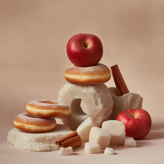 Stack of donuts and apples with sugar cubes and cinnamon sticks on a beige background