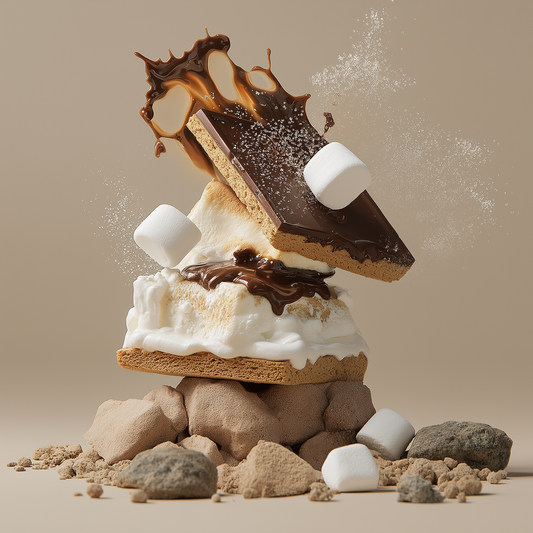 S'mores dessert with chocolate, marshmallows, and graham crackers on a beige background