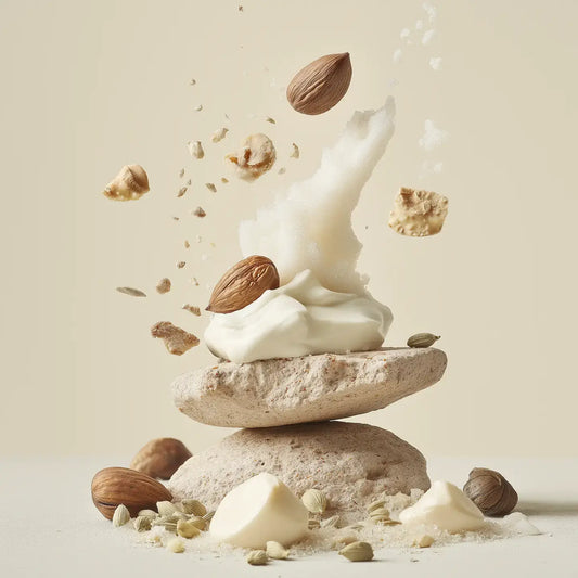 White cream being piped onto a stone with almonds and cream on a light background