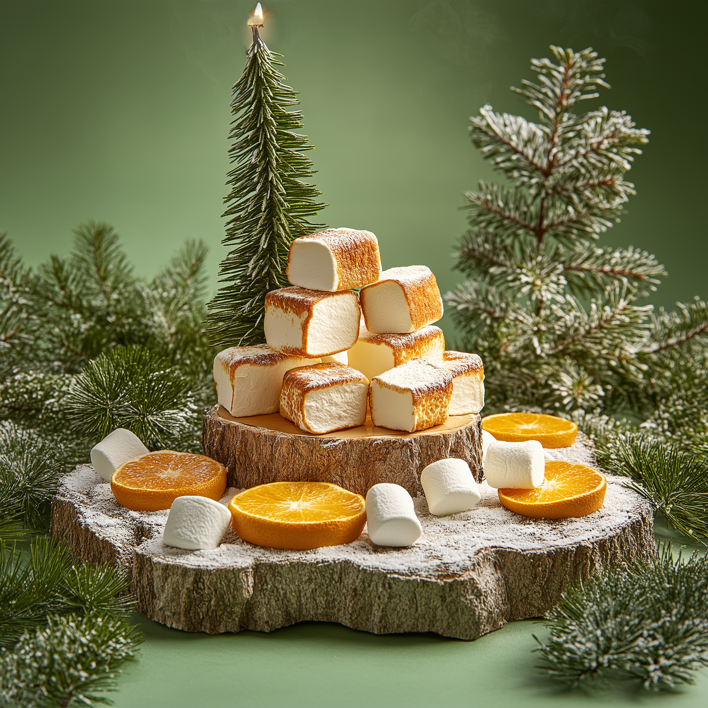 Decorative setup with marshmallows, oranges, and a small tree on a green background
