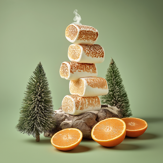 Stack of marshmallows with a candle on top, surrounded by oranges and small Christmas trees on a green background