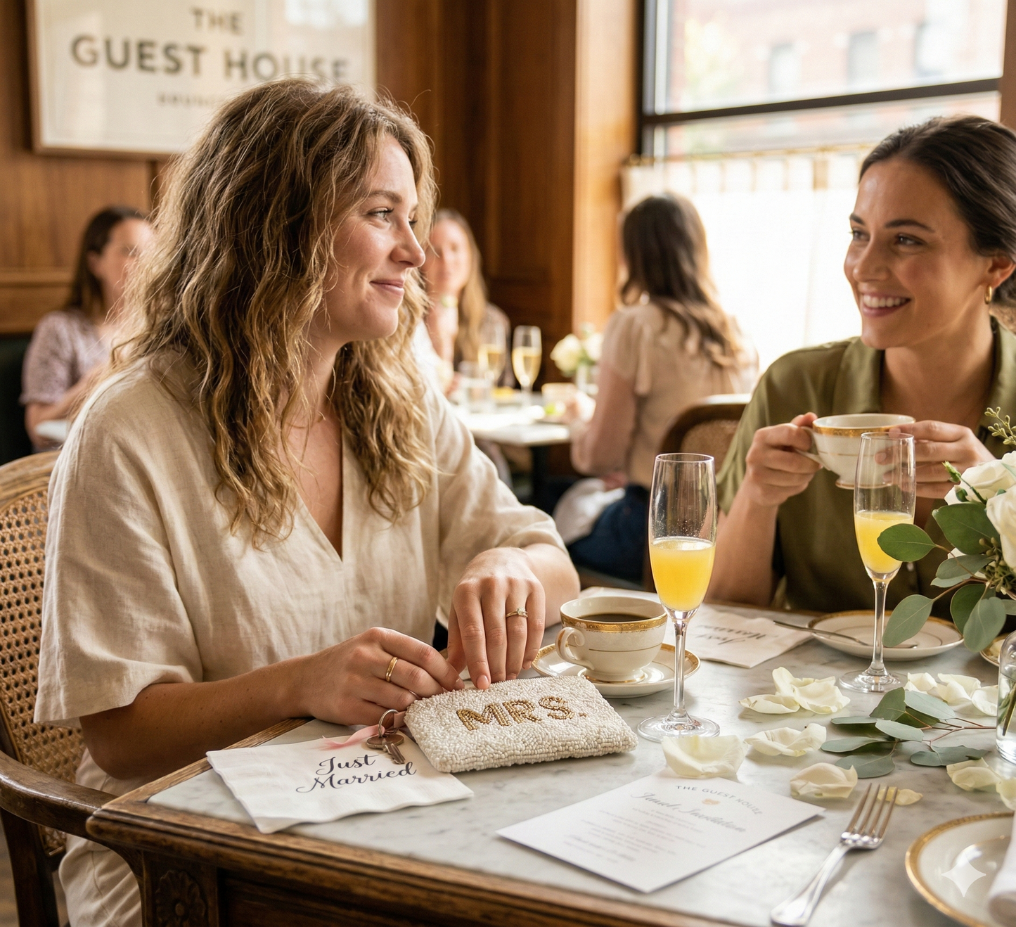 Two women sitting at a table in a restaurant, holding a coin purse and smiling.