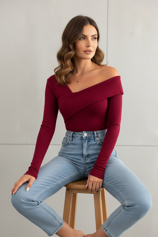 Off-Shoulder Top Casual Denim Pose 2