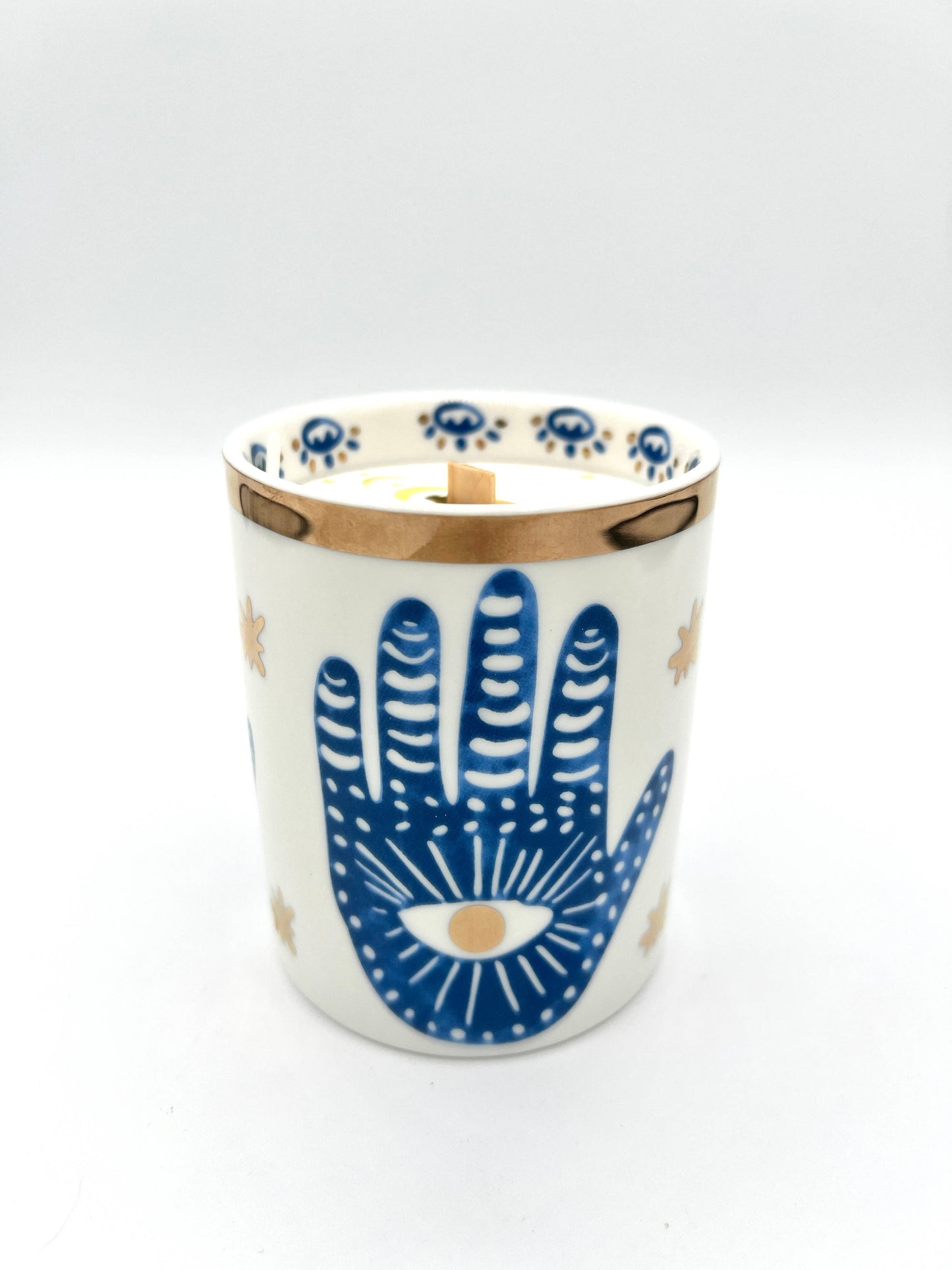 NEW! Beautiful Gold & Blue White Ceramic Hamsa Candle