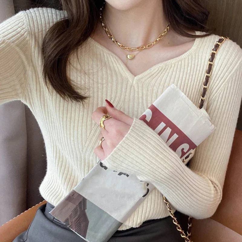 Women Slim V-Neck Bottoming Sweater