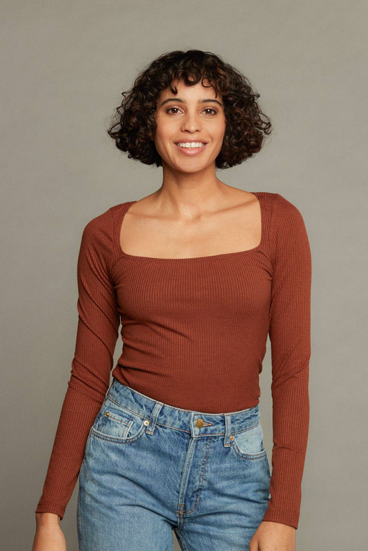 Olivia Long Sleeve Rib Top  - Rust