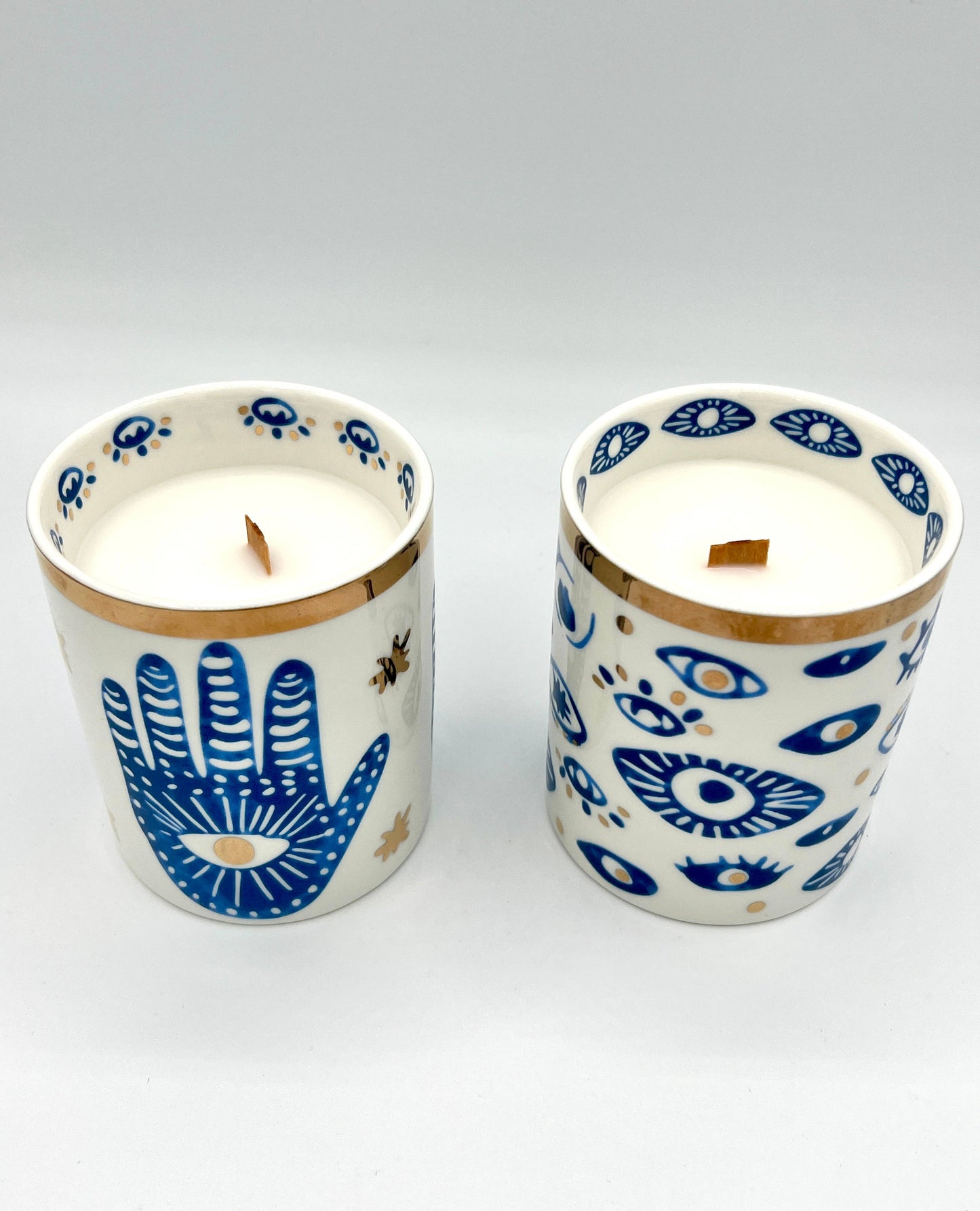 NEW! Beautiful Gold & Blue White Ceramic Hamsa Candle