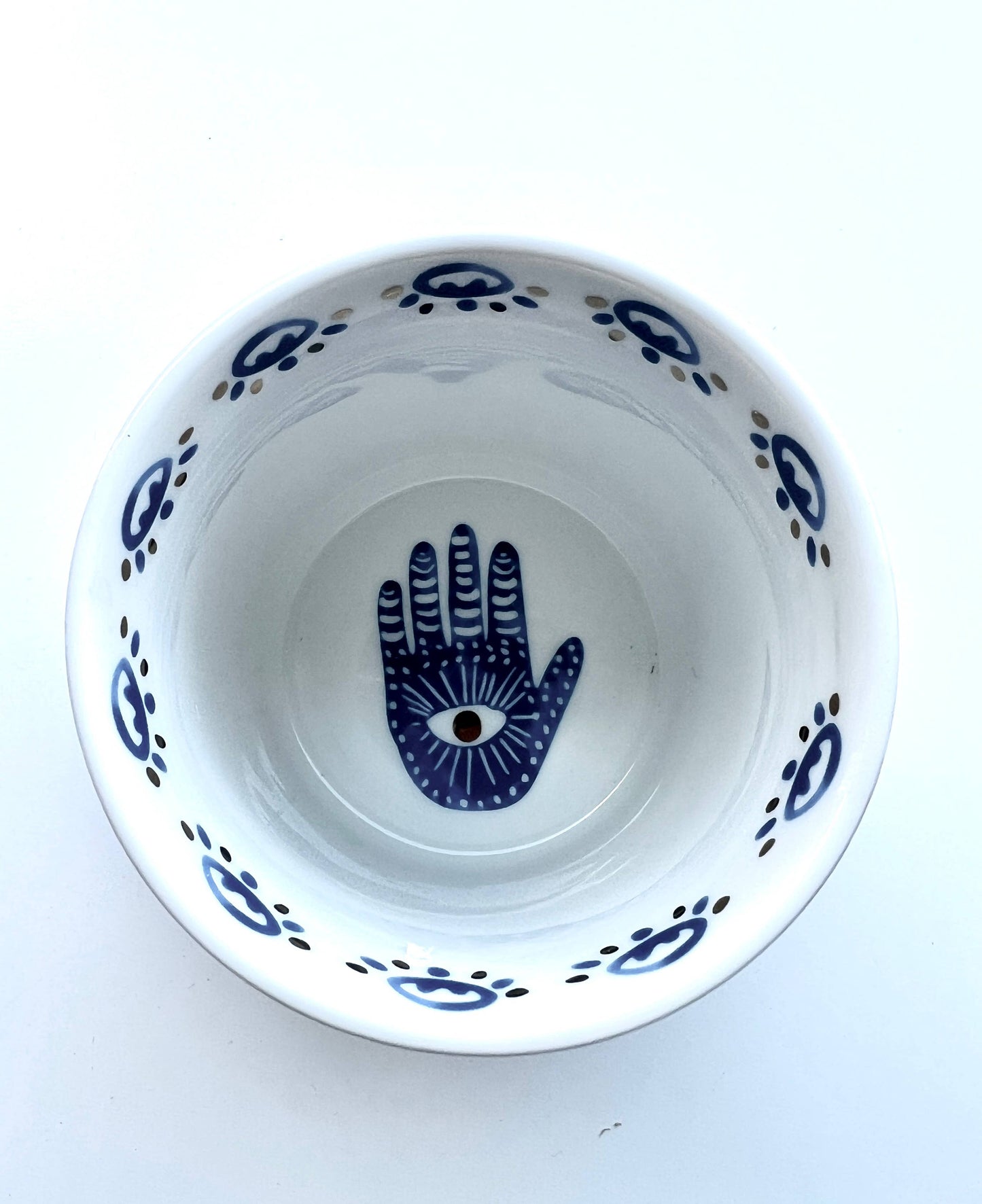 NEW! Beautiful Gold & Blue White Ceramic Hamsa Candle