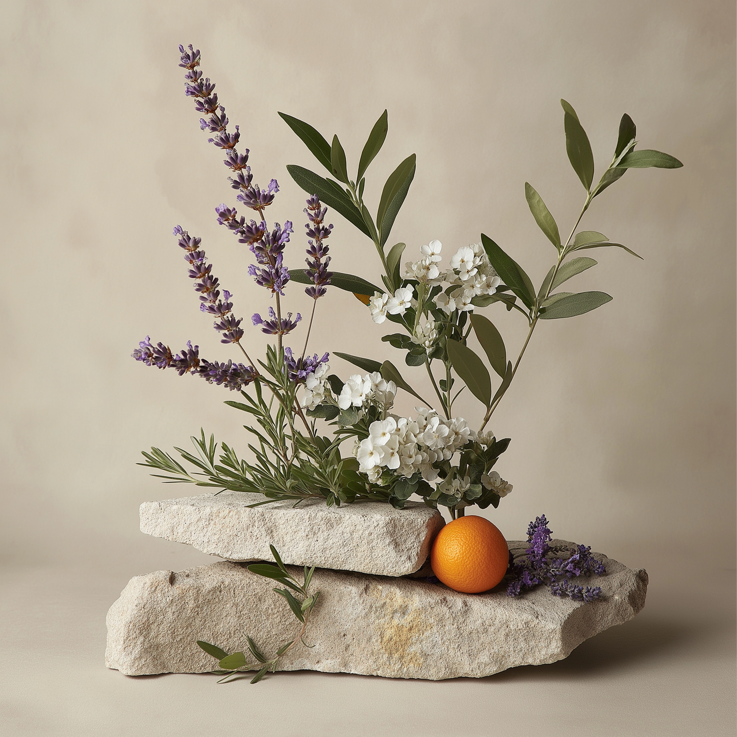 Decorative arrangement of lavender, white flowers, and an orange on stacked stones against a beige background