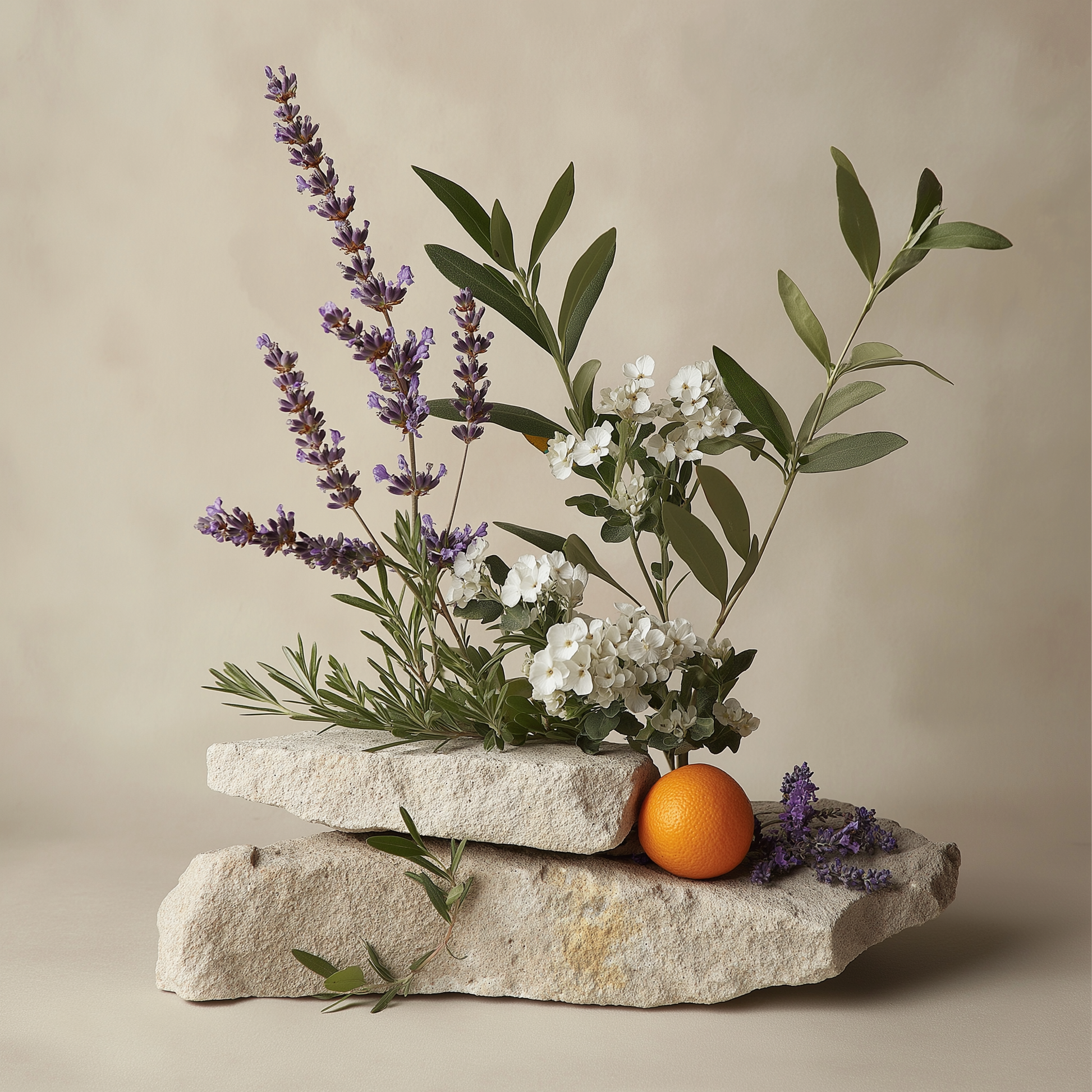 Decorative arrangement of lavender, white flowers, and an orange on stacked stones against a beige background
