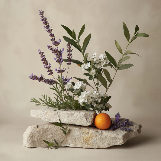 Decorative arrangement of lavender, white flowers, and an orange on stacked stones against a beige background