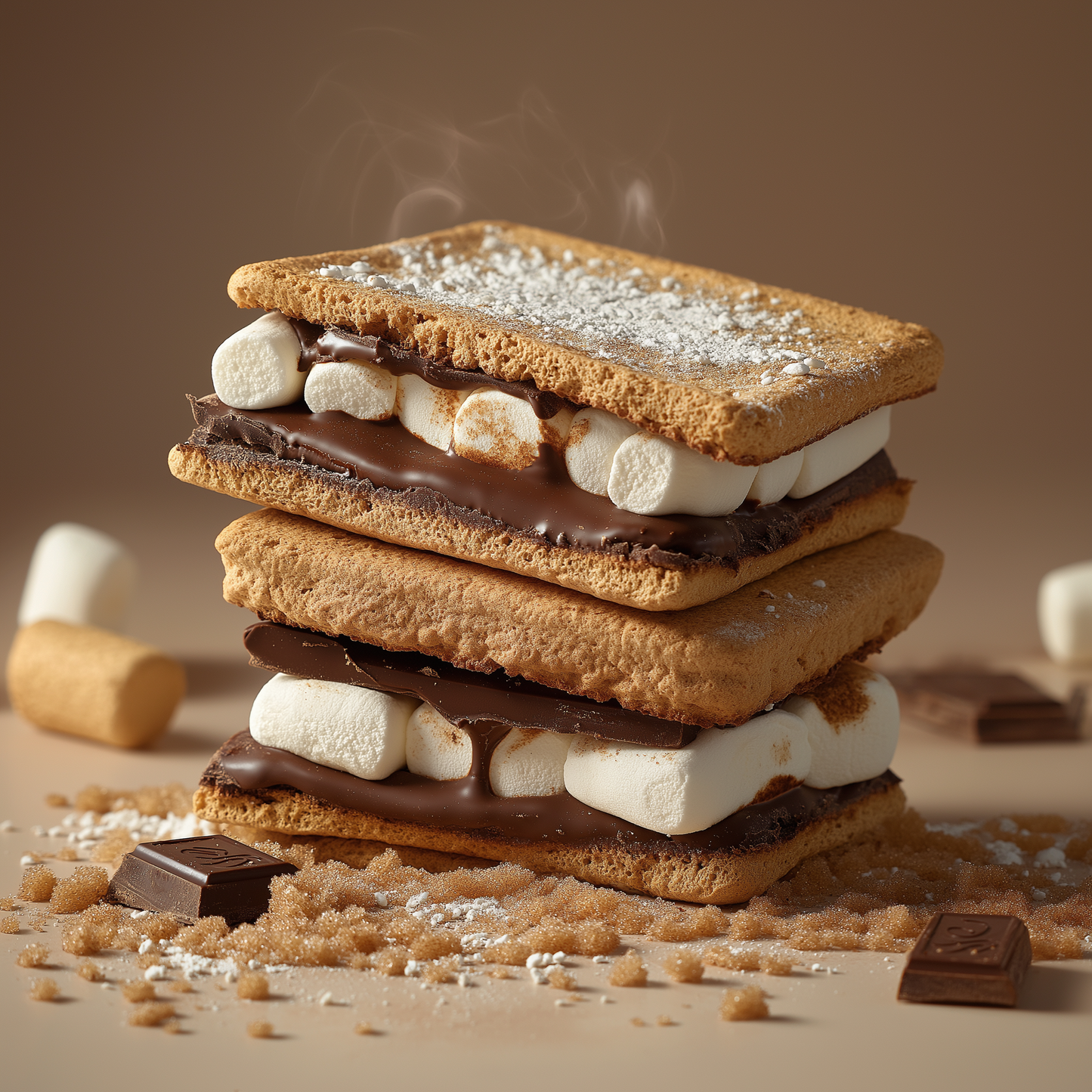 Stack of s'mores with marshmallows, graham crackers, and chocolate on a brown background