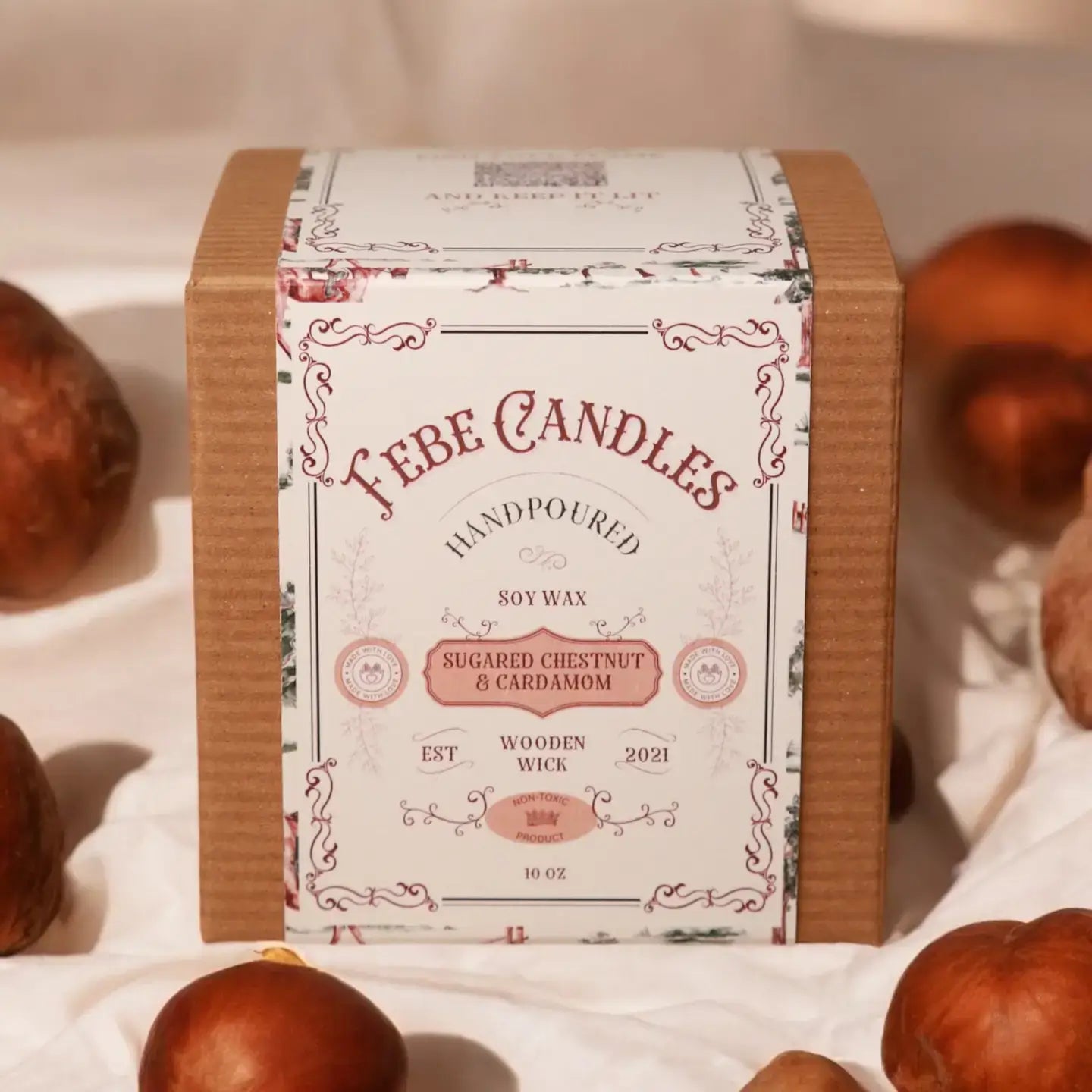 Fabe Candles packaging with sugared chestnut and cardamom fragrance on a white background.