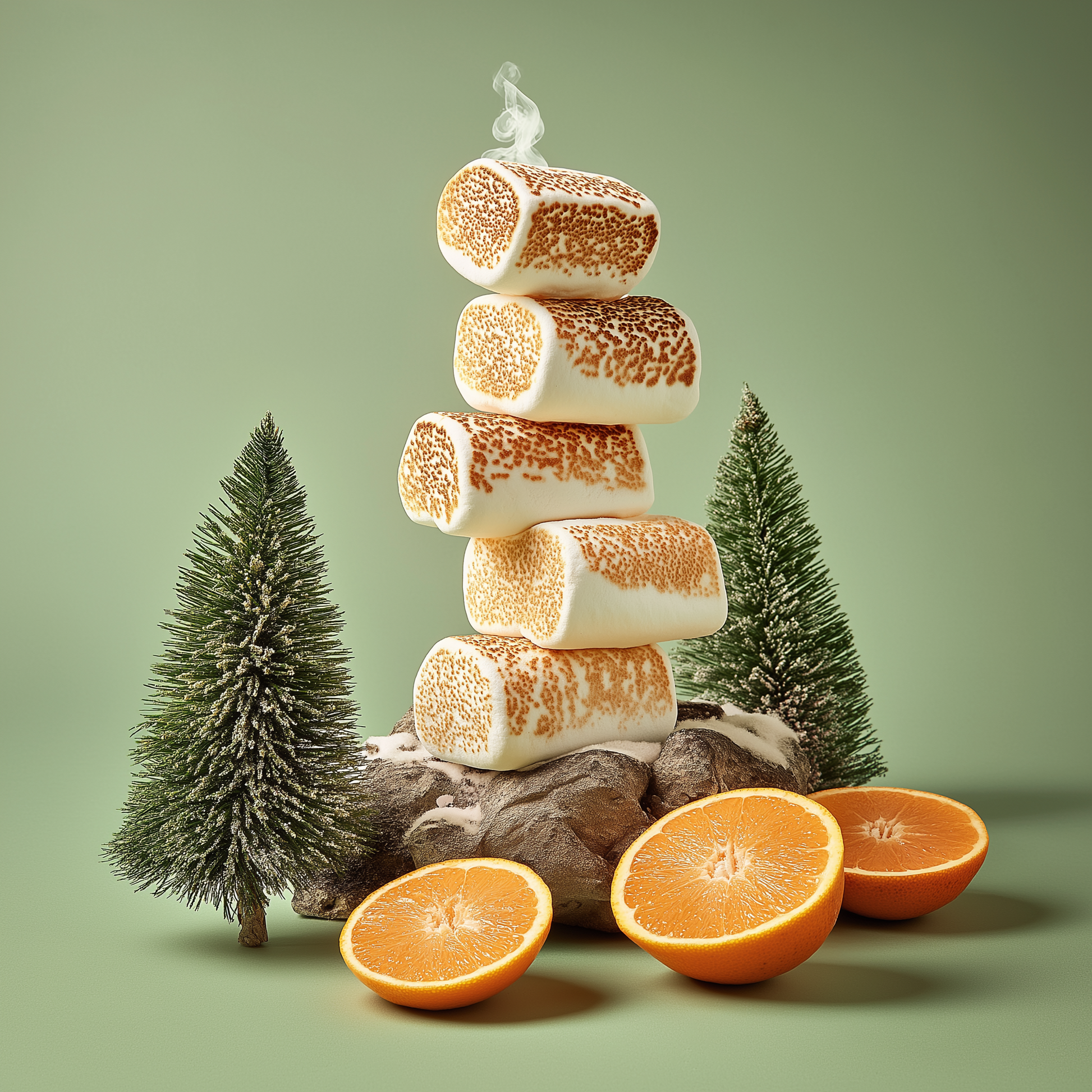 Stack of marshmallows with a candle on top, surrounded by oranges and small Christmas trees on a green background