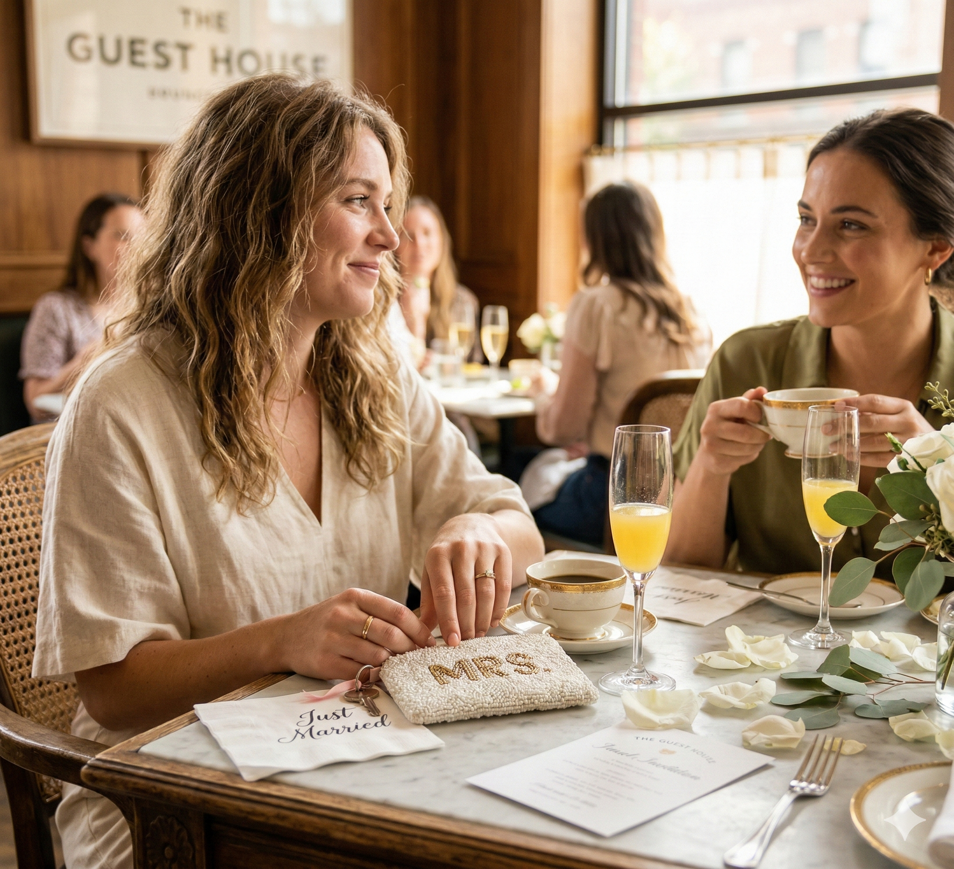 Two women sitting at a table in a restaurant, holding a coin purse and smiling.
