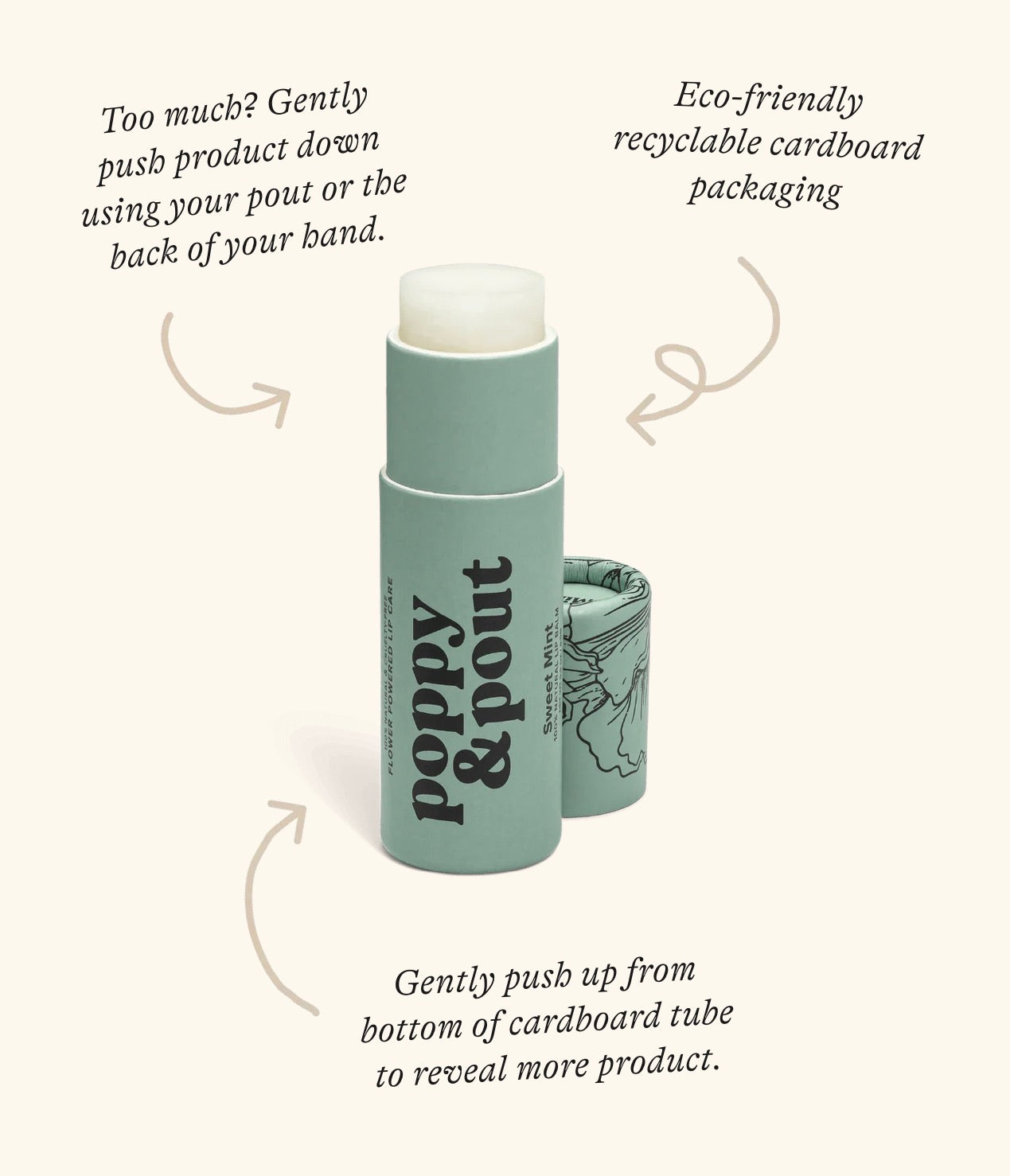 Lip balm with instructions on usage and eco-friendly packaging on a white background
