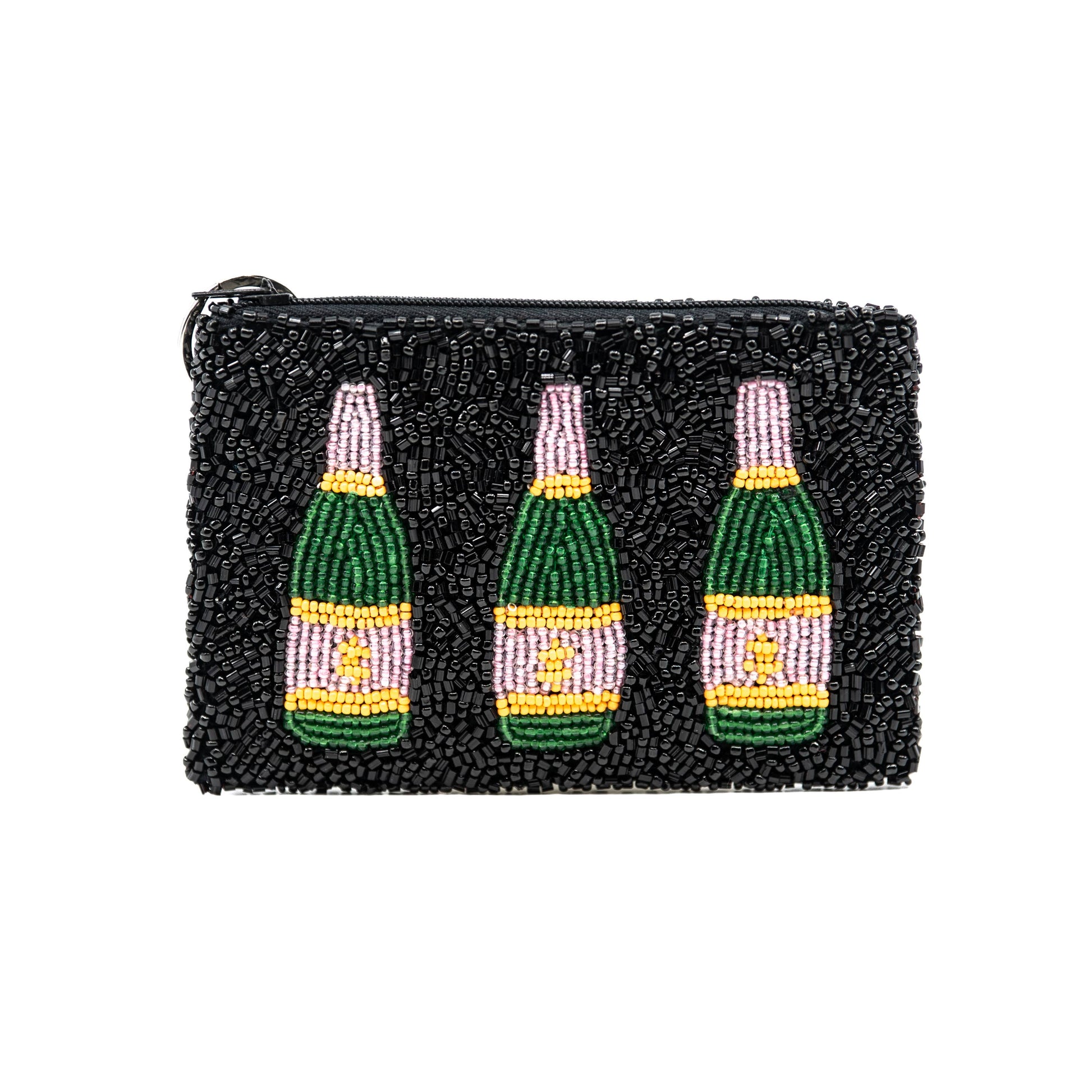Black beaded pouch with three champagne bottle designs on a white background