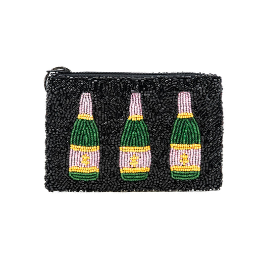 Black beaded pouch with three champagne bottle designs on a white background