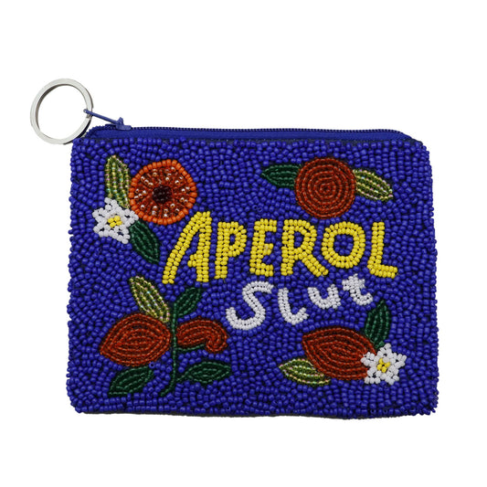 Beaded pouch with 'Aperol Slut' text and floral designs on a white background