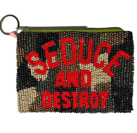 Beaded camouflage pouch with 'Seduce and Destroy' text on a white background