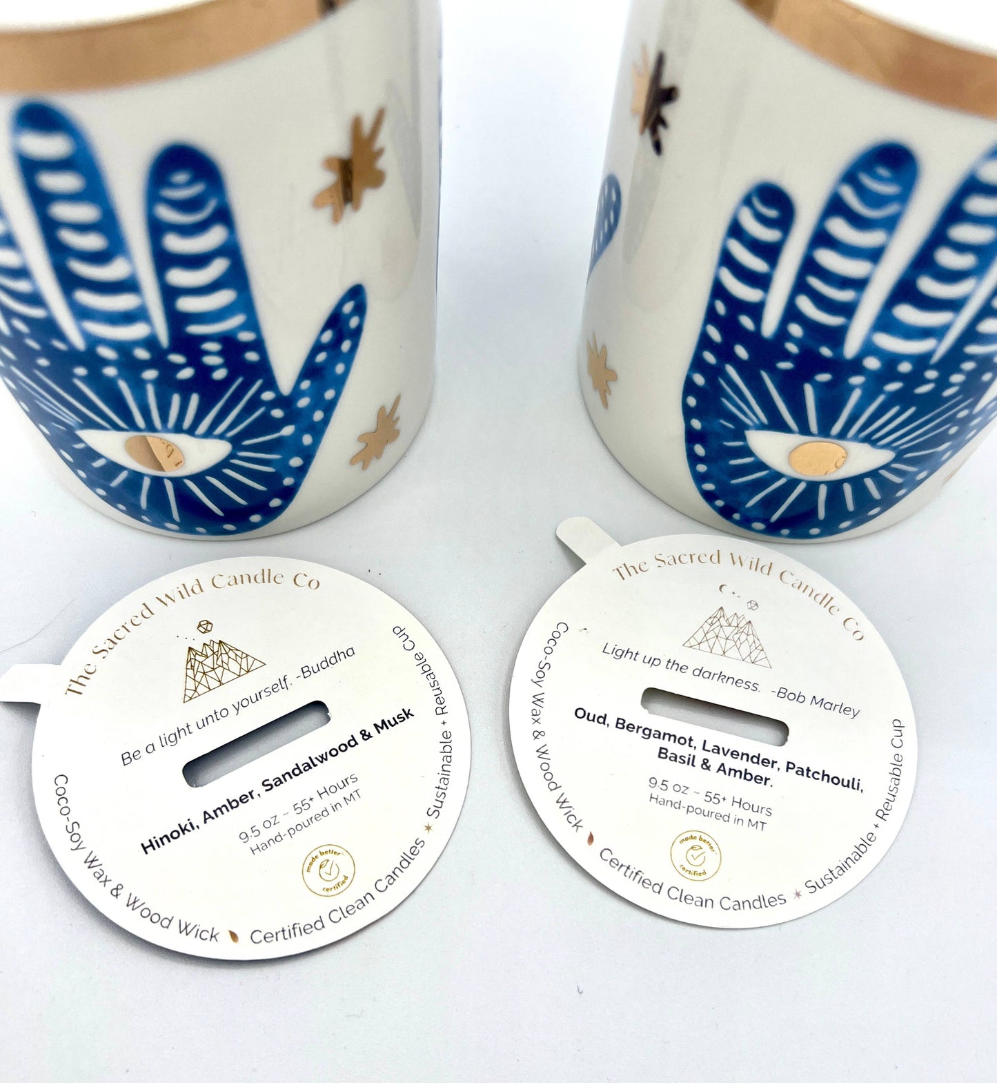 NEW! Beautiful Gold & Blue White Ceramic Hamsa Candle