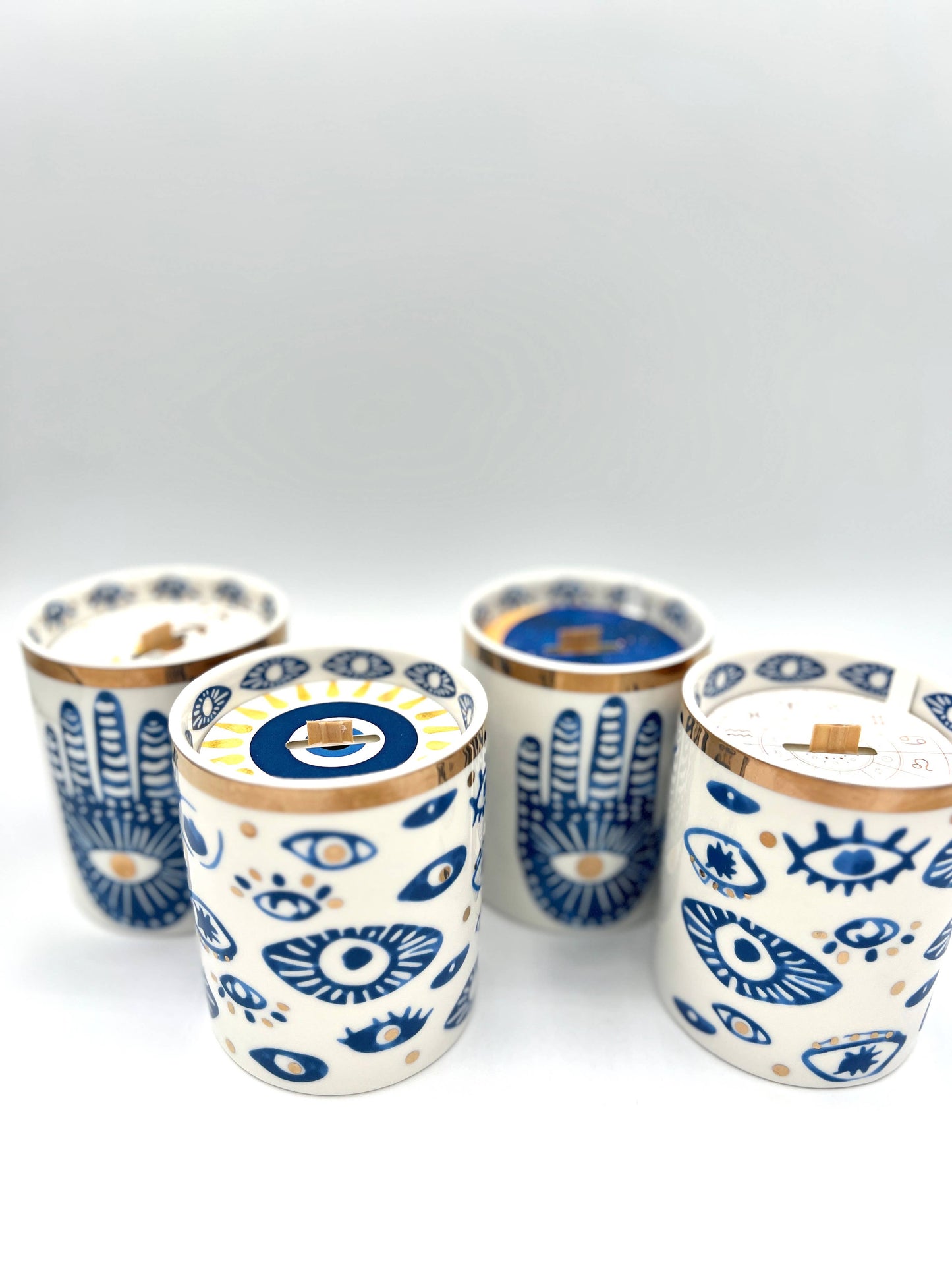 NEW! Beautiful Gold, Blue & White Ceramic "Evil Eye" Candle