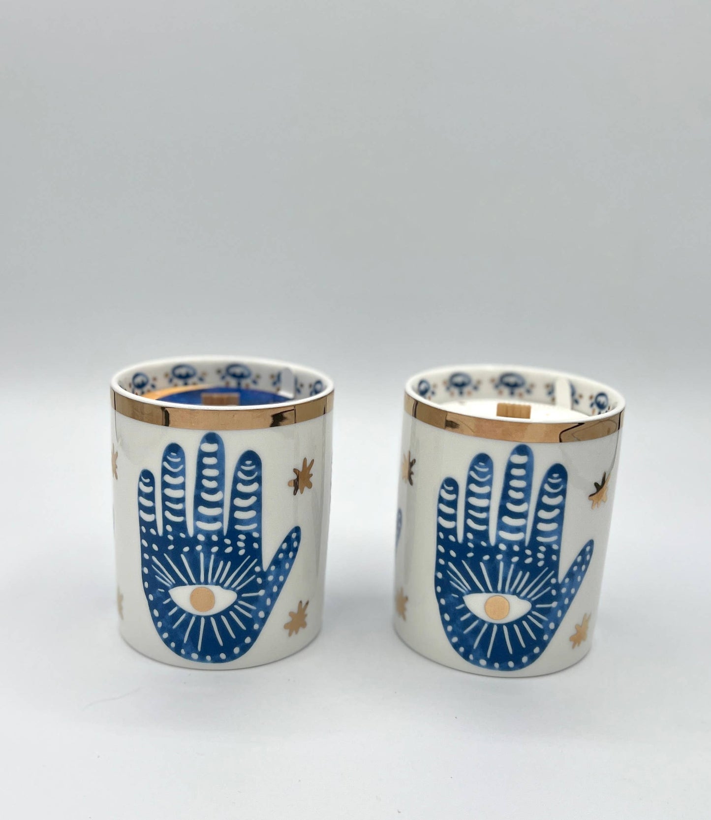 NEW! Beautiful Gold & Blue White Ceramic Hamsa Candle