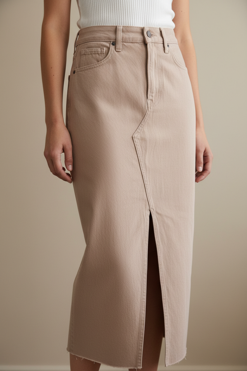 Open Slit Midi Skirt in Beige