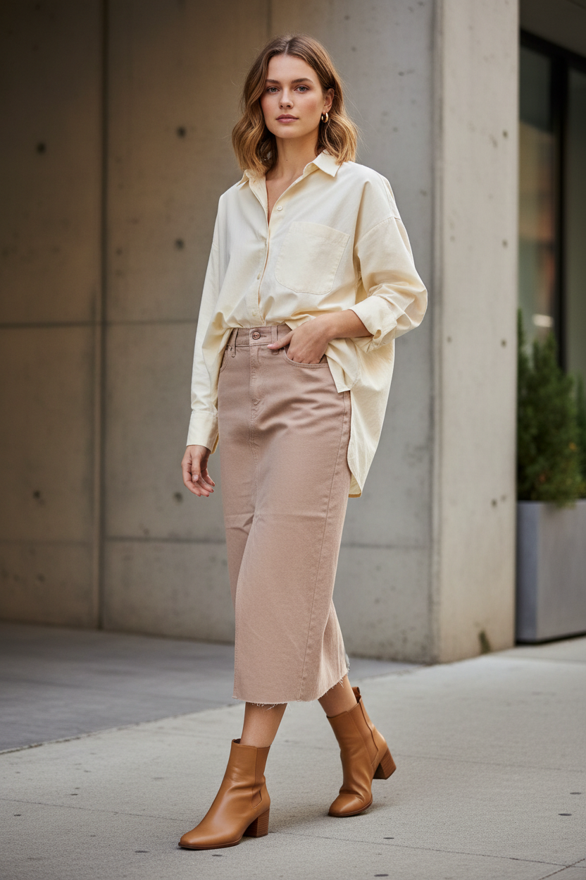 Open Slit Midi Skirt with Oversized Button-Down & Ankle Boots