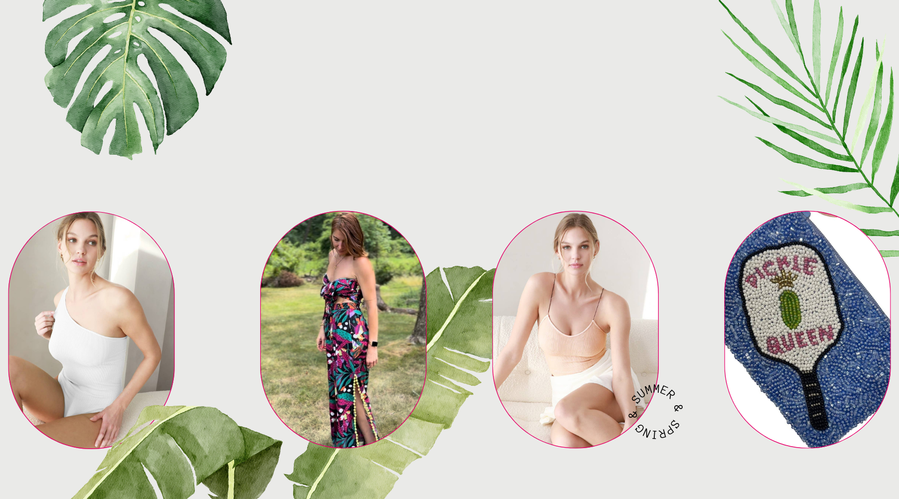 Collage of women in various poses with tropical leaves and a paddle with text on a white background