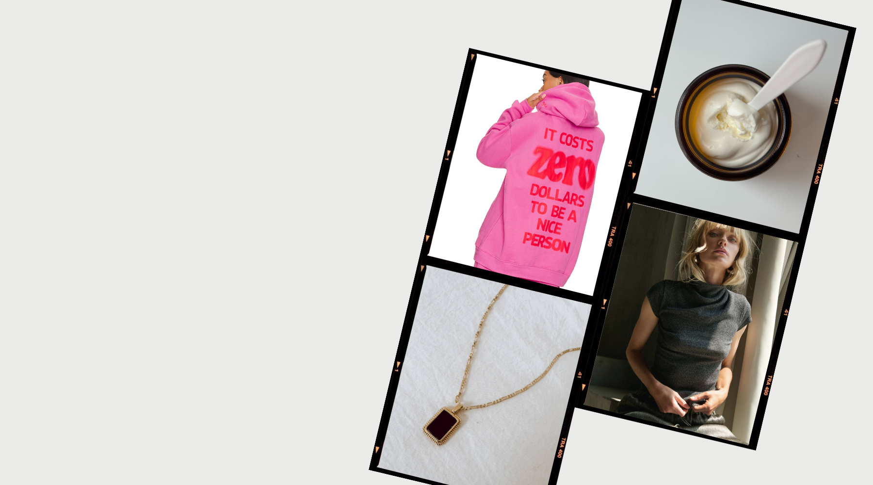 Collage of a pink hoodie, necklace, and person with a white background